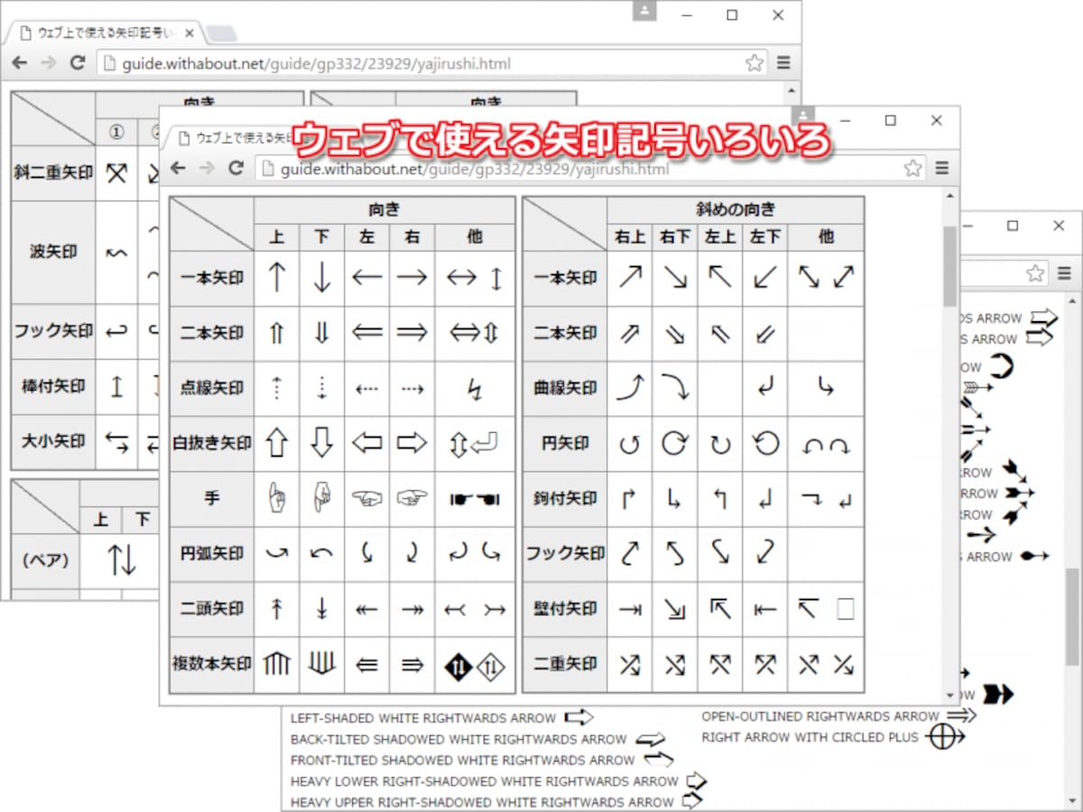 表示できる矢印記号は紹介しきれないほどある
