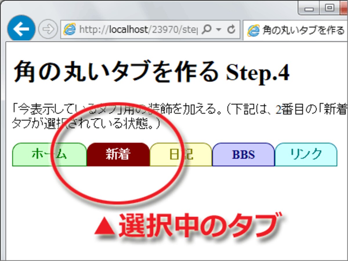 タブが選択中であることを示す装飾を加える