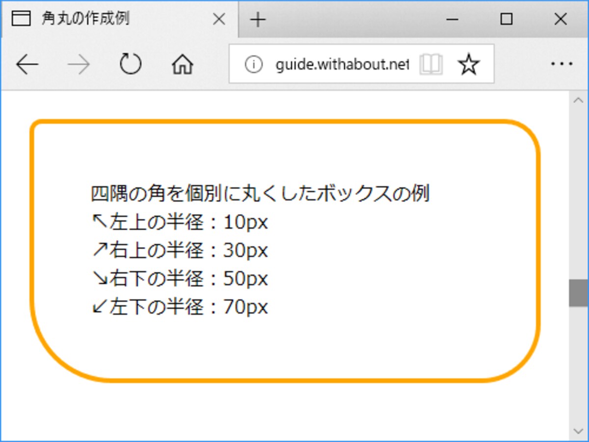 四隅(左上→右上→右下→左下)の角を個別の半径で丸くすることもできる