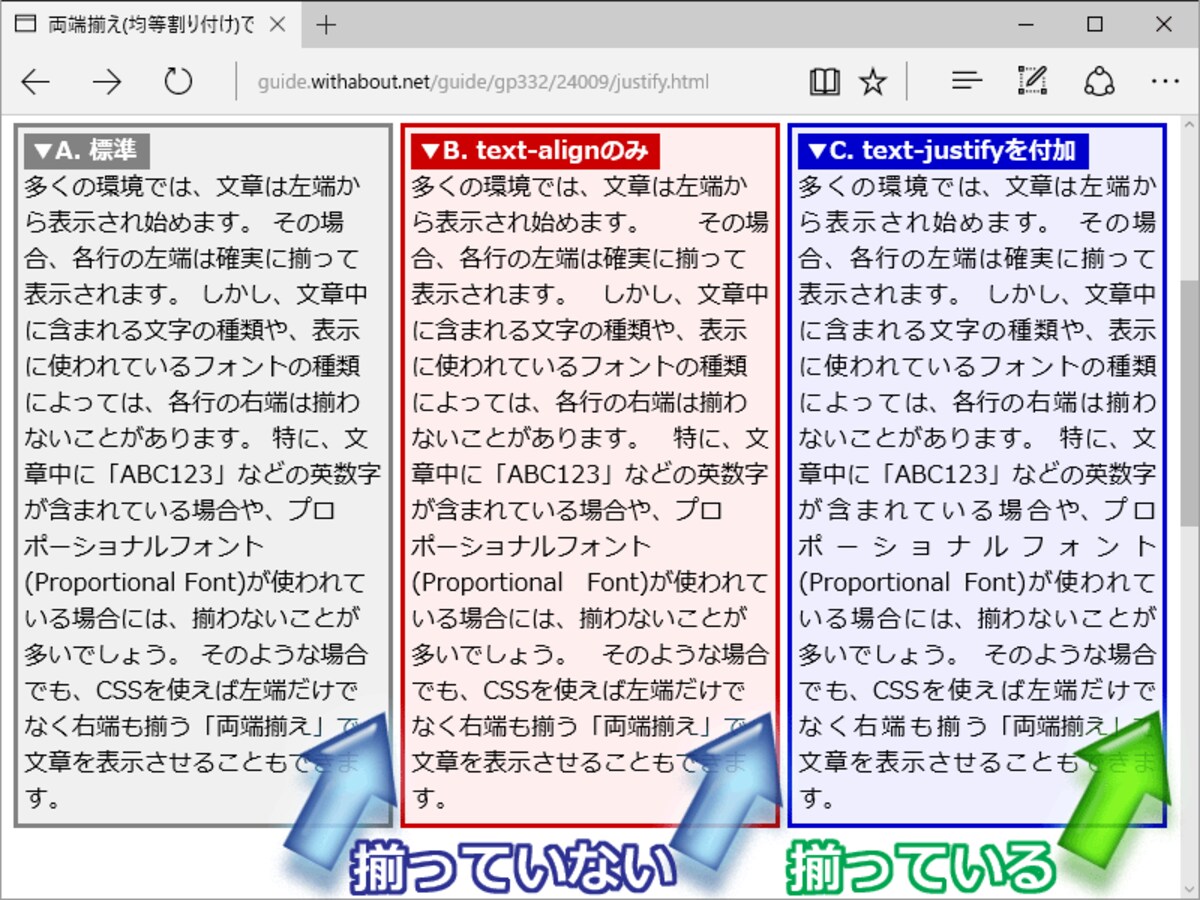 Edgeでの表示例 (text-justifyプロパティも併記すれば、日本語文でも両端揃えができる)