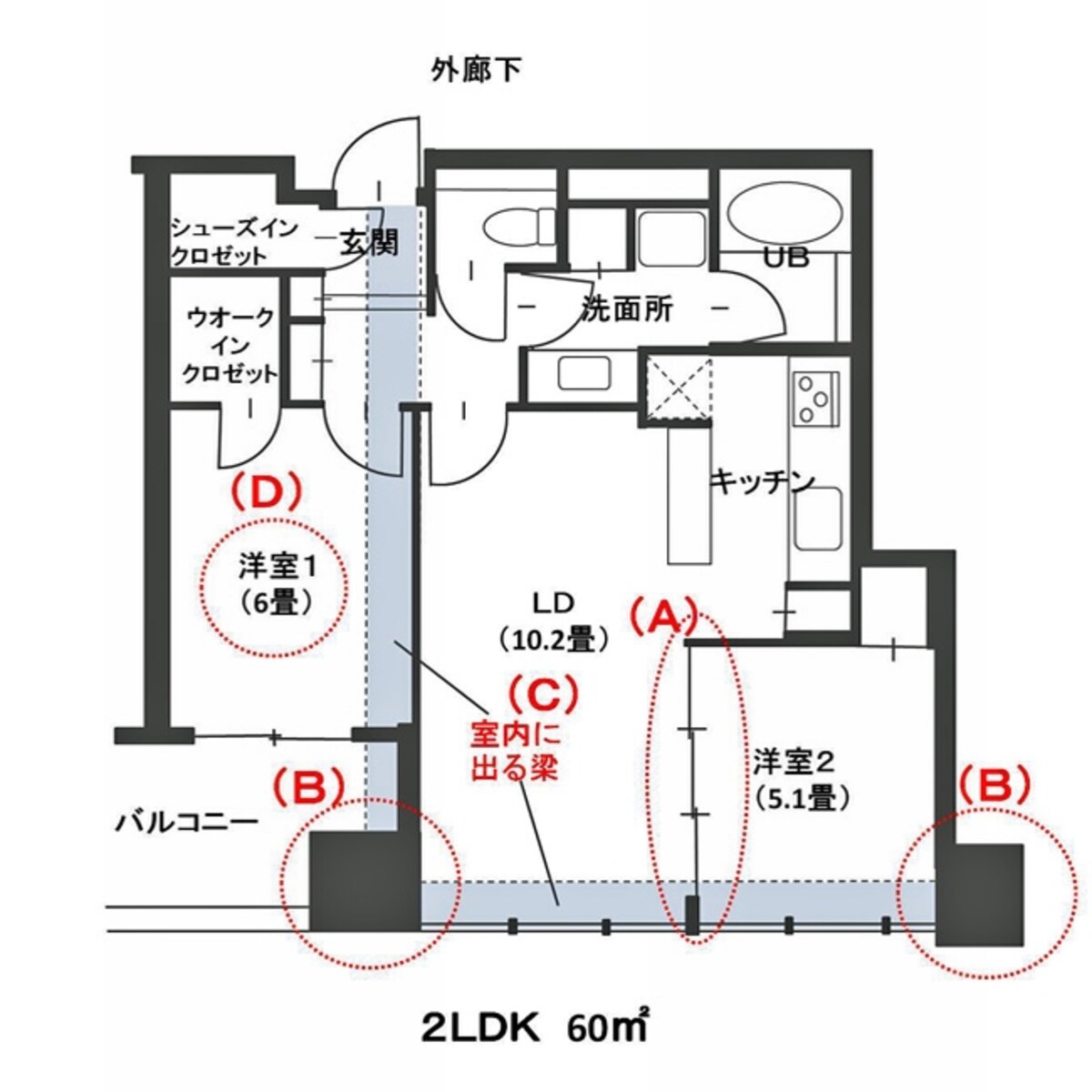 【図1】2LDK、60ｍ2のファミリータイプ