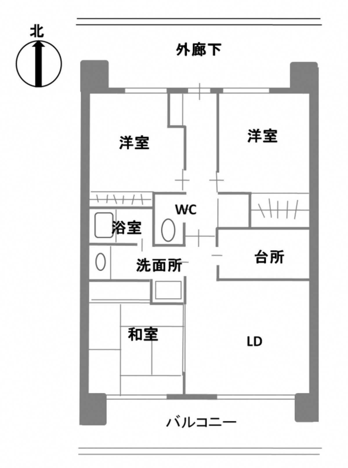 【図1】典型的な田の字プランの例。中央に廊下があり、北側・南側の左右に居室、中央に水回りが置かれる。