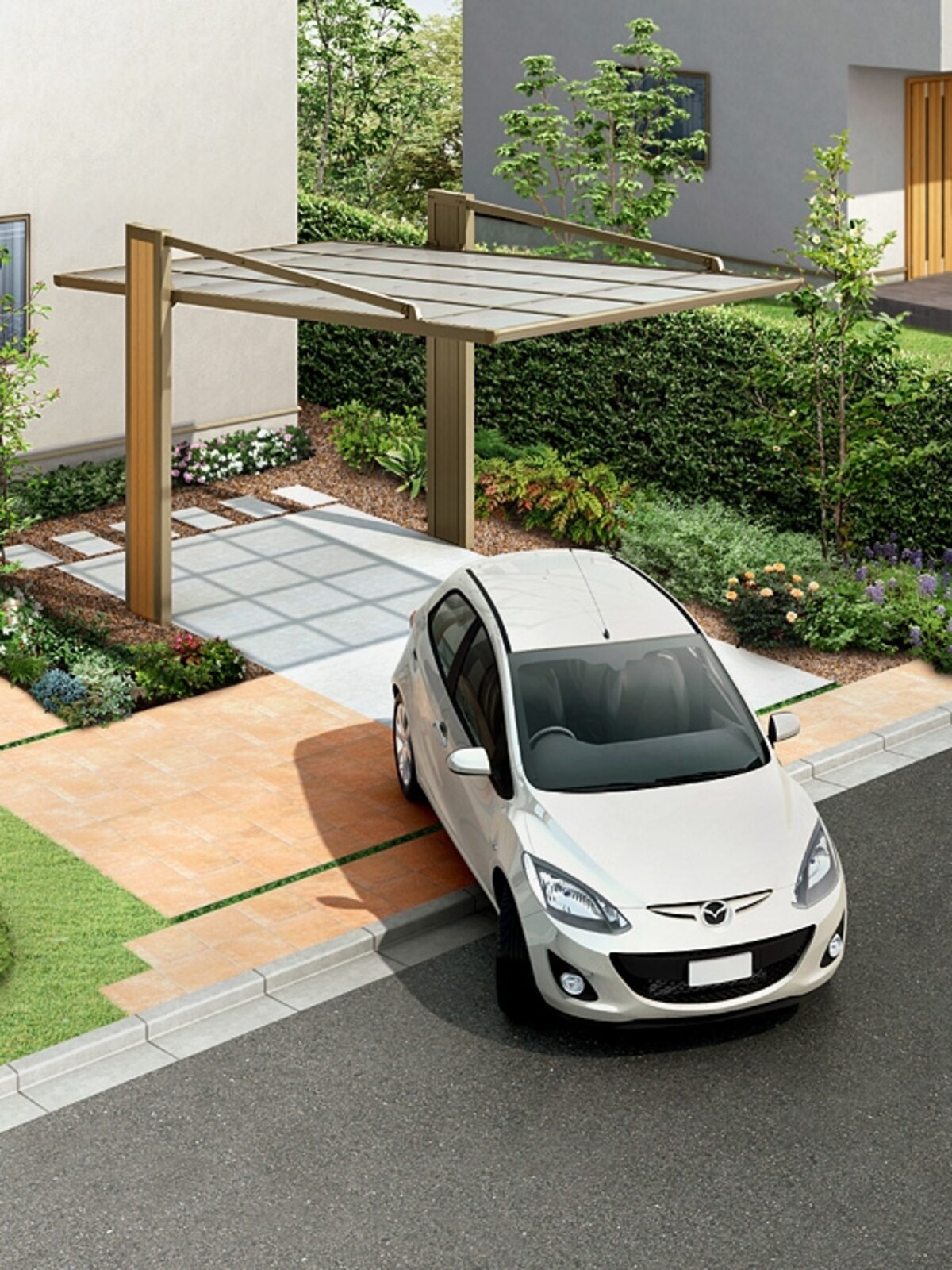前方に柱がないオープンな設計。車の出し入れも乗り降りもスムーズ。　［カーポート　アーキフラン　180度オープン］