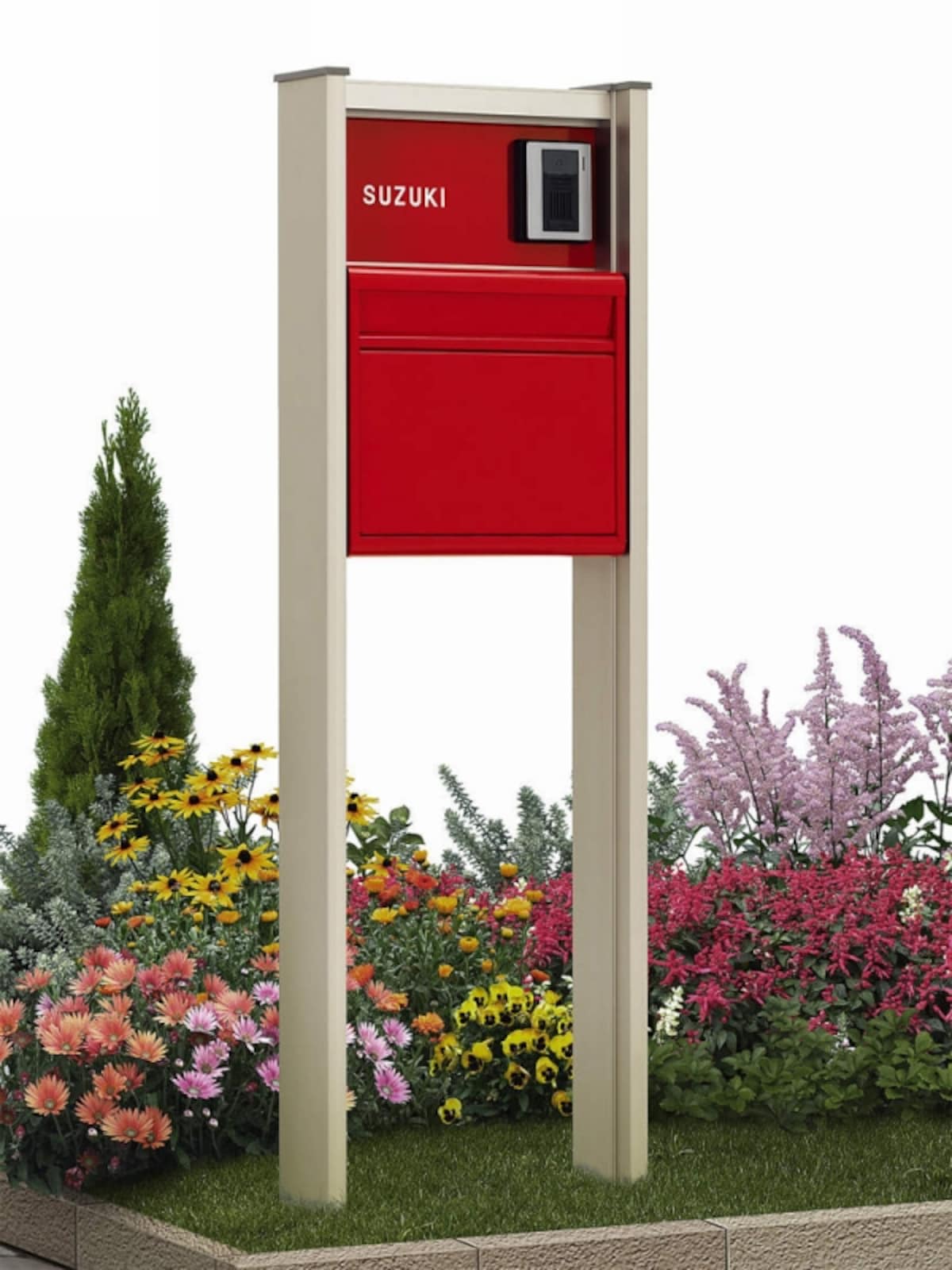 玄関まわりを華やかに演出する色鮮やかなカラーが特徴。ネームプレートを明るく照らすLED照明、市販品のドアホン、表札の取付けも可能。 [ポスティモα　H14サイズ　色：プラチナステン（ポストF2型　色：レッド）（インターホン加工有・照明付）]