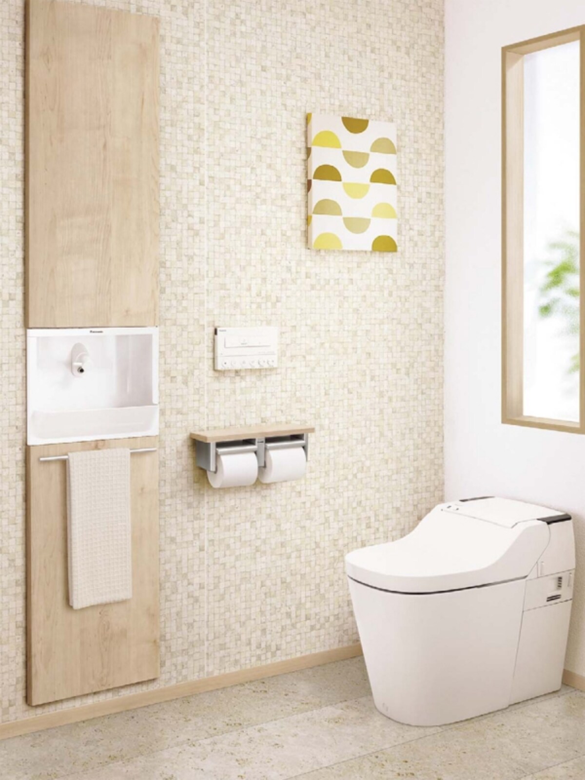 　狭いトイレでも使いやすいコンパクトな手洗い。手洗いボウルは、水アカをはじく新素材。ナチュラルなデザインの埋め込みタイプ。[アラウーノ手洗い]　パナソニックエコソリューションズ http://sumai.panasonic.jp/