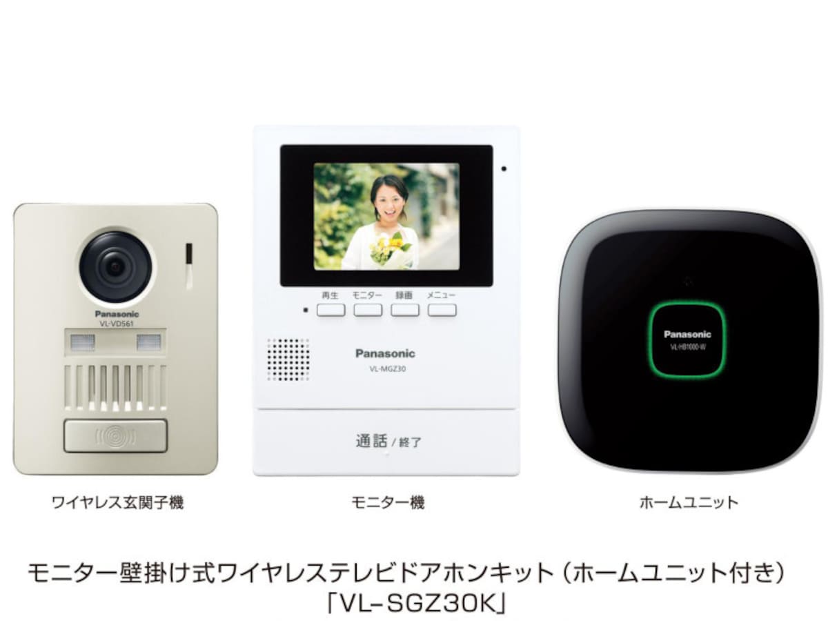 外出先でもスマートフォンで来訪者の応対ができる。モニター機とワイヤレス玄関子機の無線接続により配線工事が不要。[モニター壁掛け式ワイヤレステレビドアホンキット（ホームユニット付き）VL-SGZ30K]　パナソニック