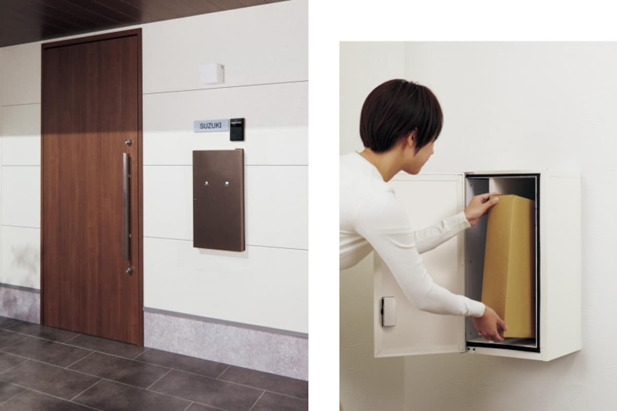 住宅の外壁に納まるポスト一体型。室内から郵便物や宅配物が取り出し可能。[戸建住宅用宅配ポスト（住宅壁埋め込み専用）　COMBO-int（イント）]　 パナソニック エコソリューションズ　http://sumai.panasonic.jp/