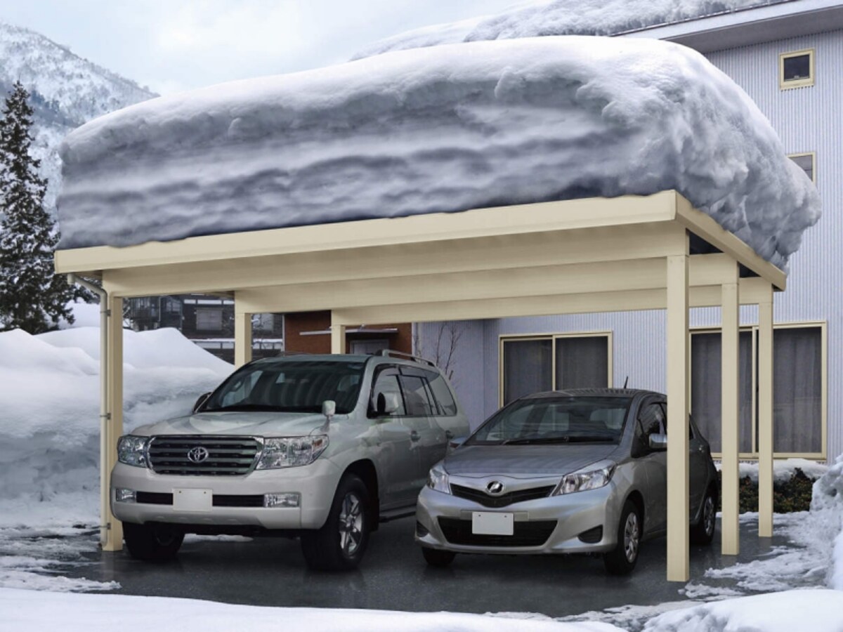 積雪と強風に耐える強靭な折板屋根のカーポート。　［ジーポートneo　積雪150cm　基本セット2台用　55-55　角柱　横材なし］