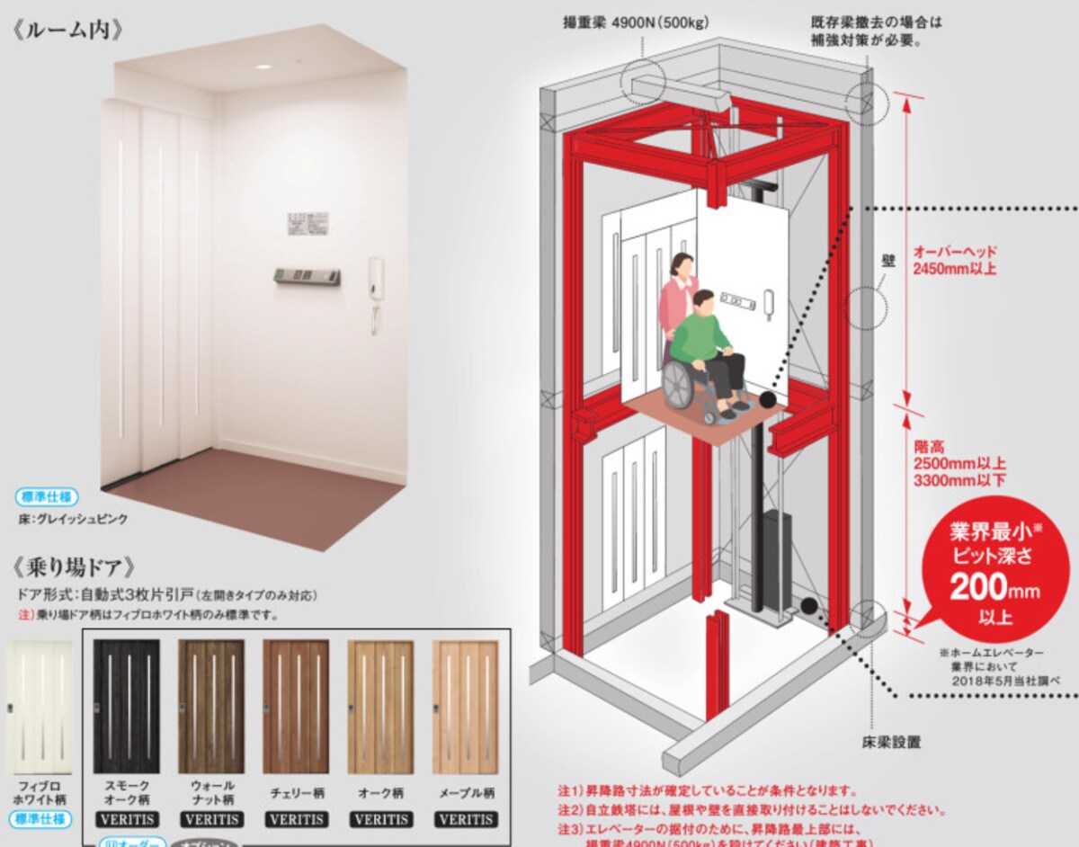 2階建て住宅のリフォームに適するモデル。建物と切り離して設置する自立鉄塔タイプなので、建物に負荷をかけない。[ホームエレベーター1214ジョイモダンS200VT 油圧式]　パナソニック