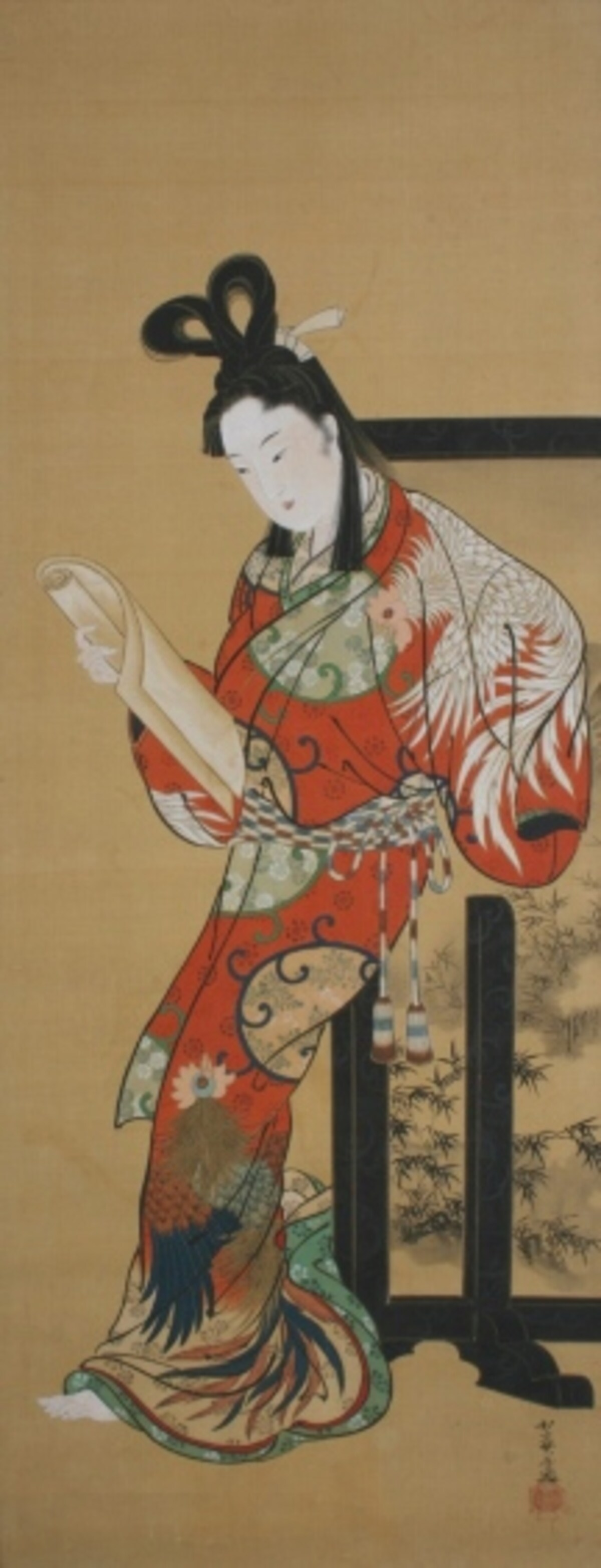 河鍋暁斎筆「文読む美人」