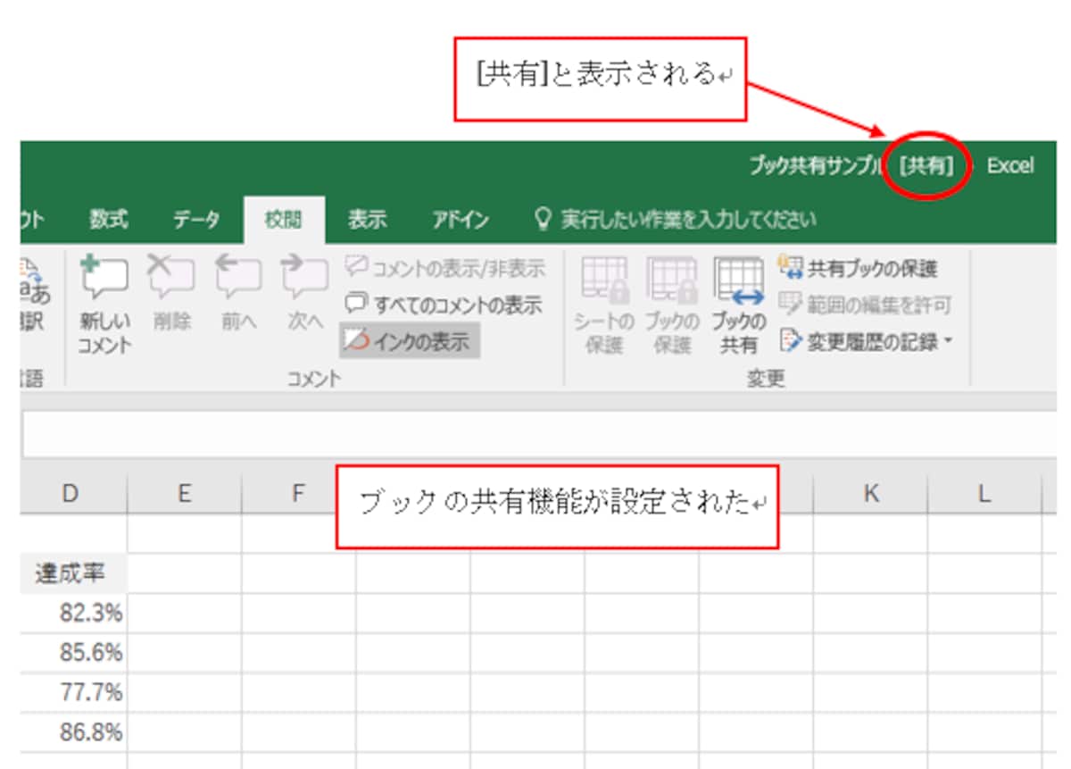 ブックの共有機能が設定された