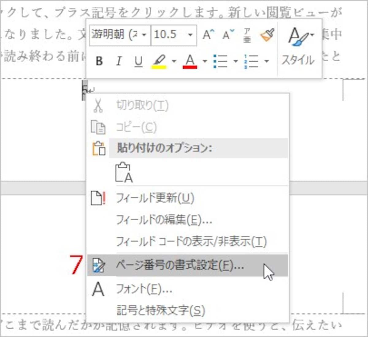 ［ページ番号の書式設定］を選択