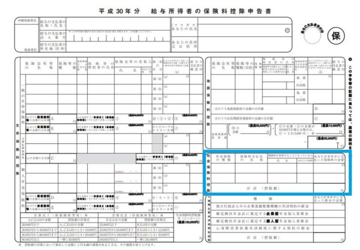 平成30年　保険料控除申告書フォーマット　（出典：国税庁）