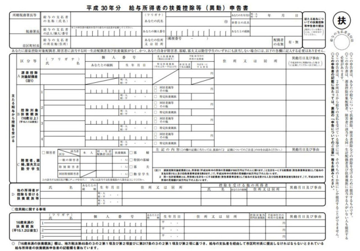 平成30年　扶養控除等申告書フォーマット　（出典：国税庁資料より）