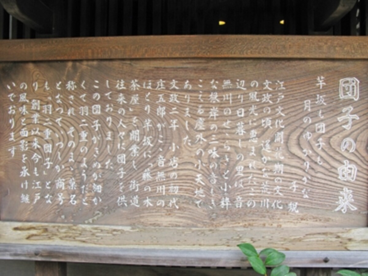 店の外に立つ「羽二重団子」由来