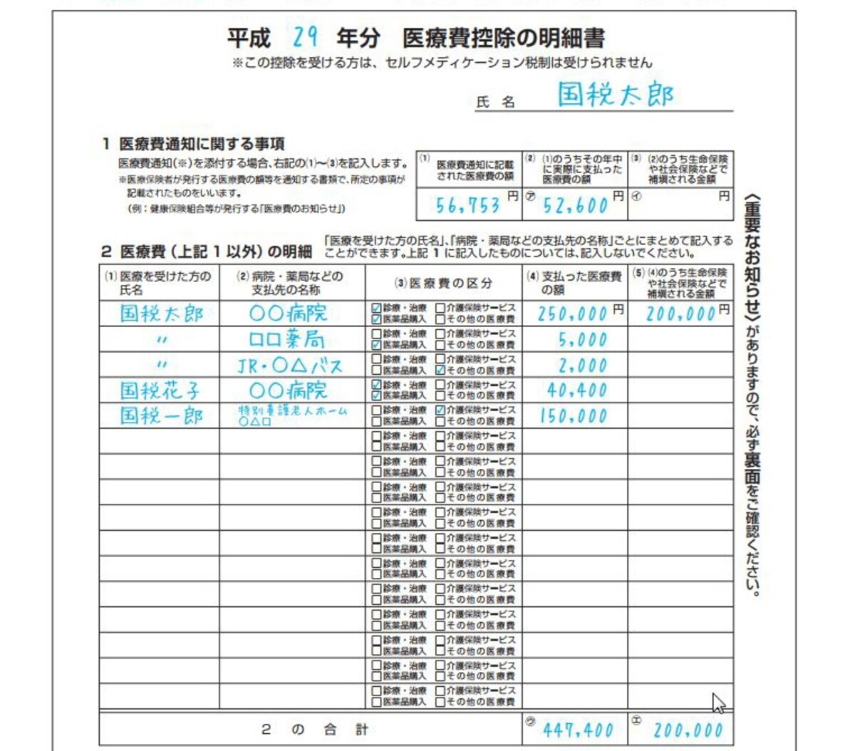 医療費控除の明細書記入例（出典：国税庁資料より）