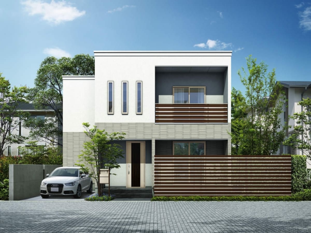 横格子のデザインが建物本体との一体感を生み出す。 [ルシアス スクリーンフェンス S05型 横板格子+細横格子 T200 Z9/H2]　YKK APhttp://www.ykkap.co.jp/