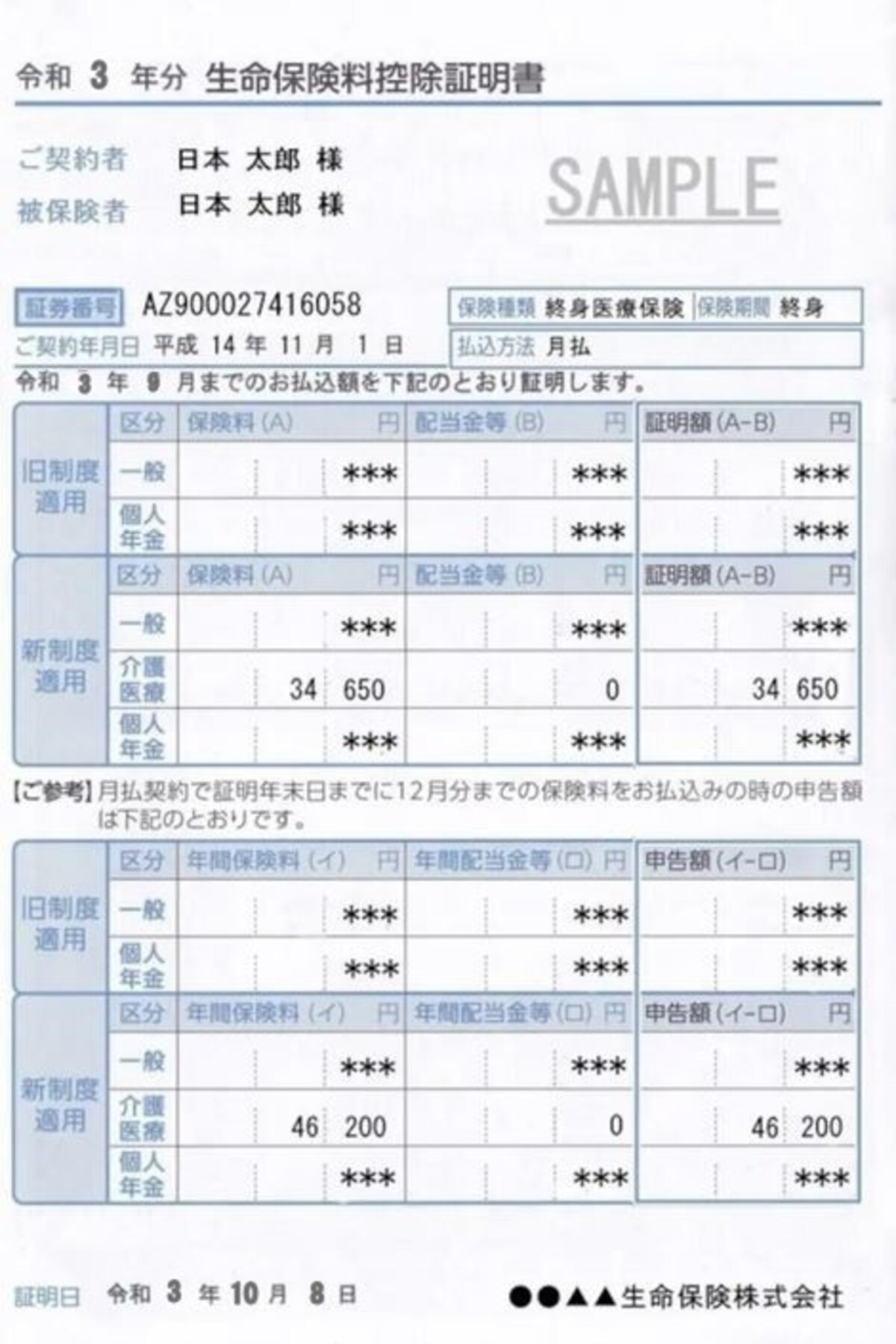 生命保険料控除証明書の見本
