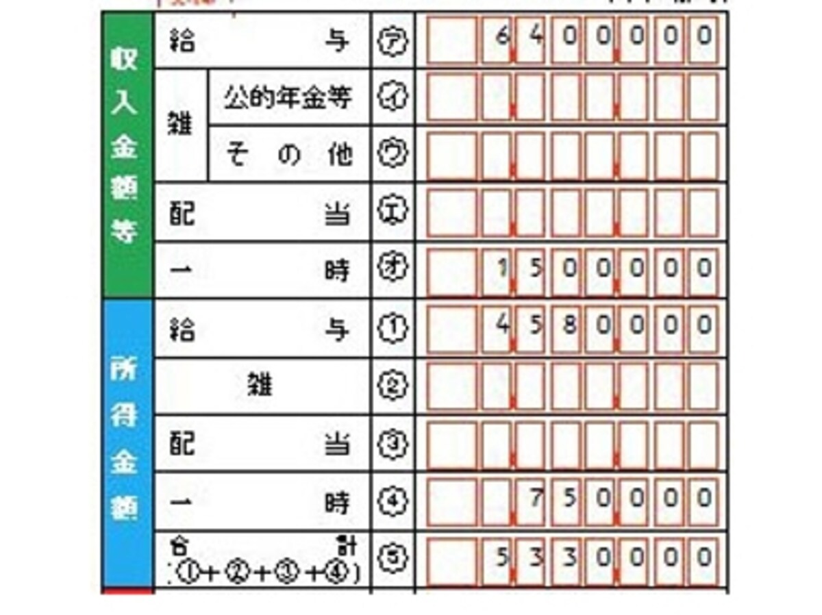 一時所得の確定申告書の記載例