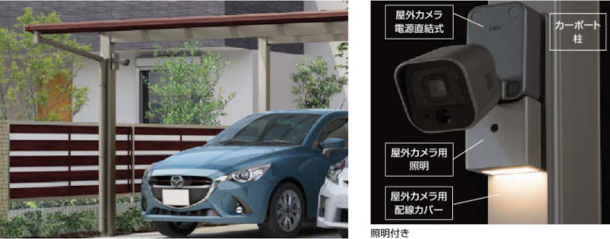カーポートの柱に設置可能なカメラ。車の様子をスマートフォンで確認可能、センサーが検知してスマートフォンに知らせることも。[カーポートカメラセット]　 LIXIL 　http://www.lixil.co.jp/