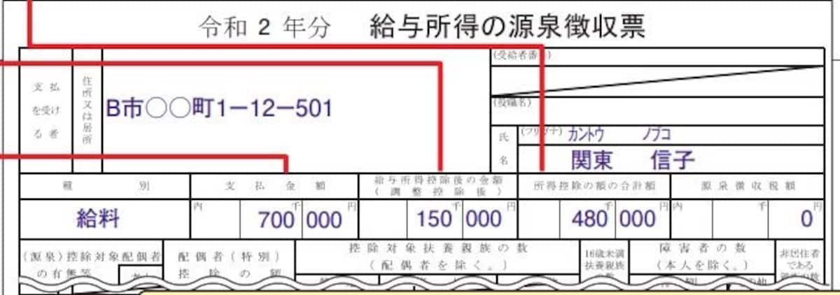この記載例での源泉徴収票　記載例　抜粋　（出典：国税庁　資料より）