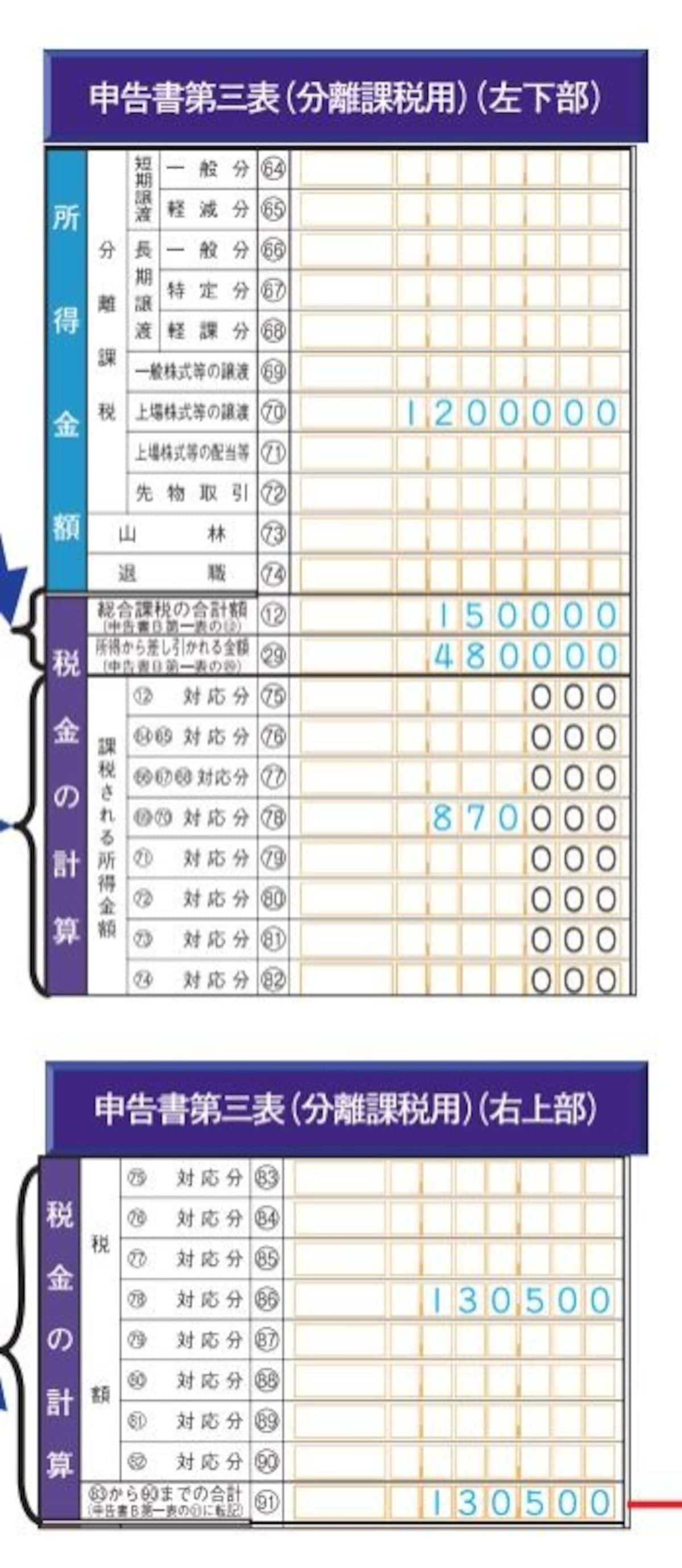 分離課税申告書　左面の記載例　（出典：国税庁資料より）