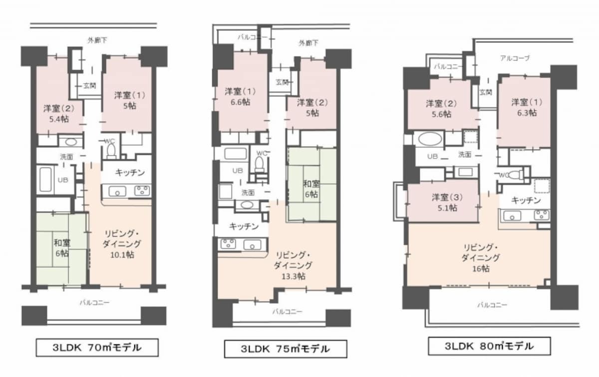 【図1】70m2、75m2、80m2のマンションの間取り例（クリックで拡大）。