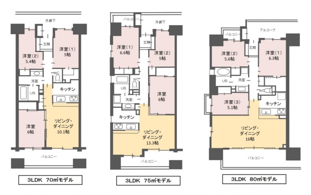 【図1】3LDK、70m2、75m2、80m2のマンションの間取り例（クリックで拡大）