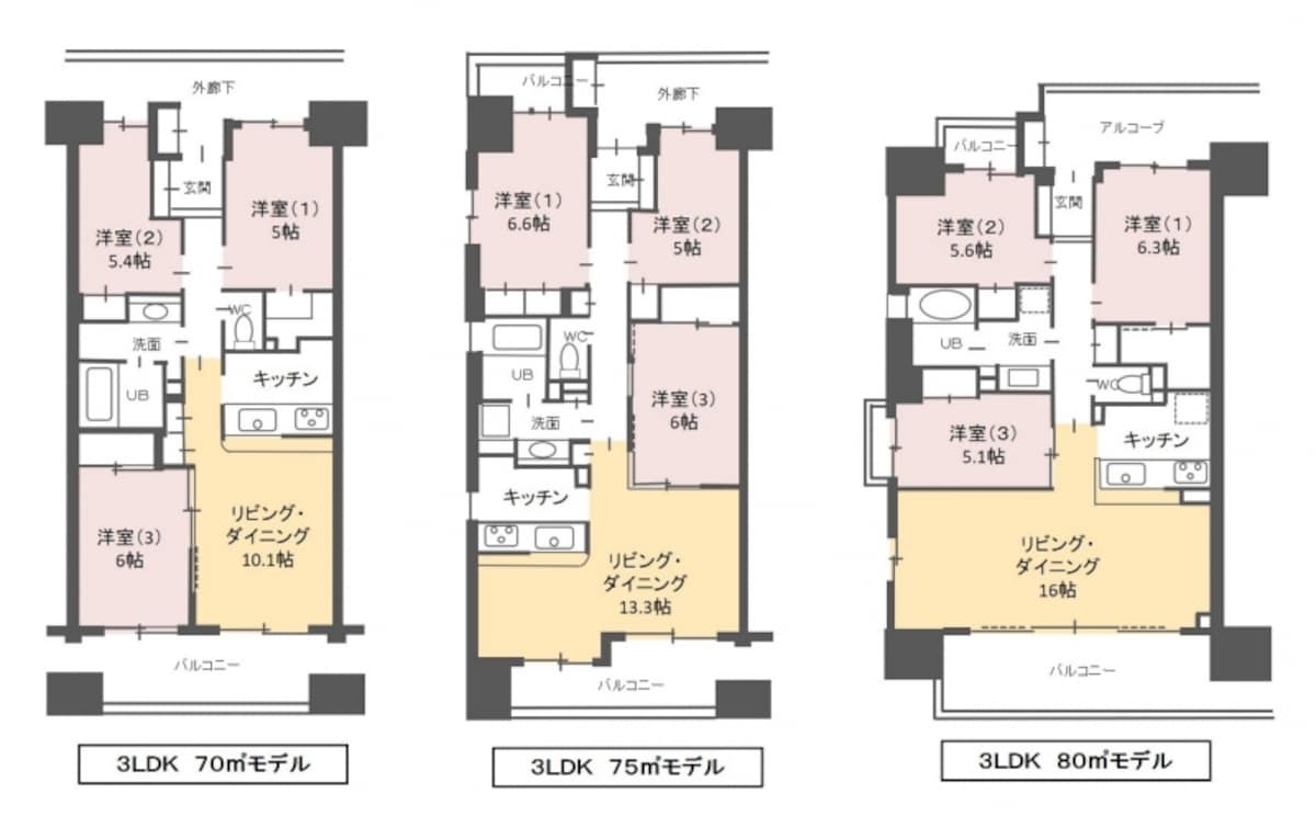 【図1】3LDKで70m2、75m2、80m2のマンションの間取り例（クリックで拡大）
