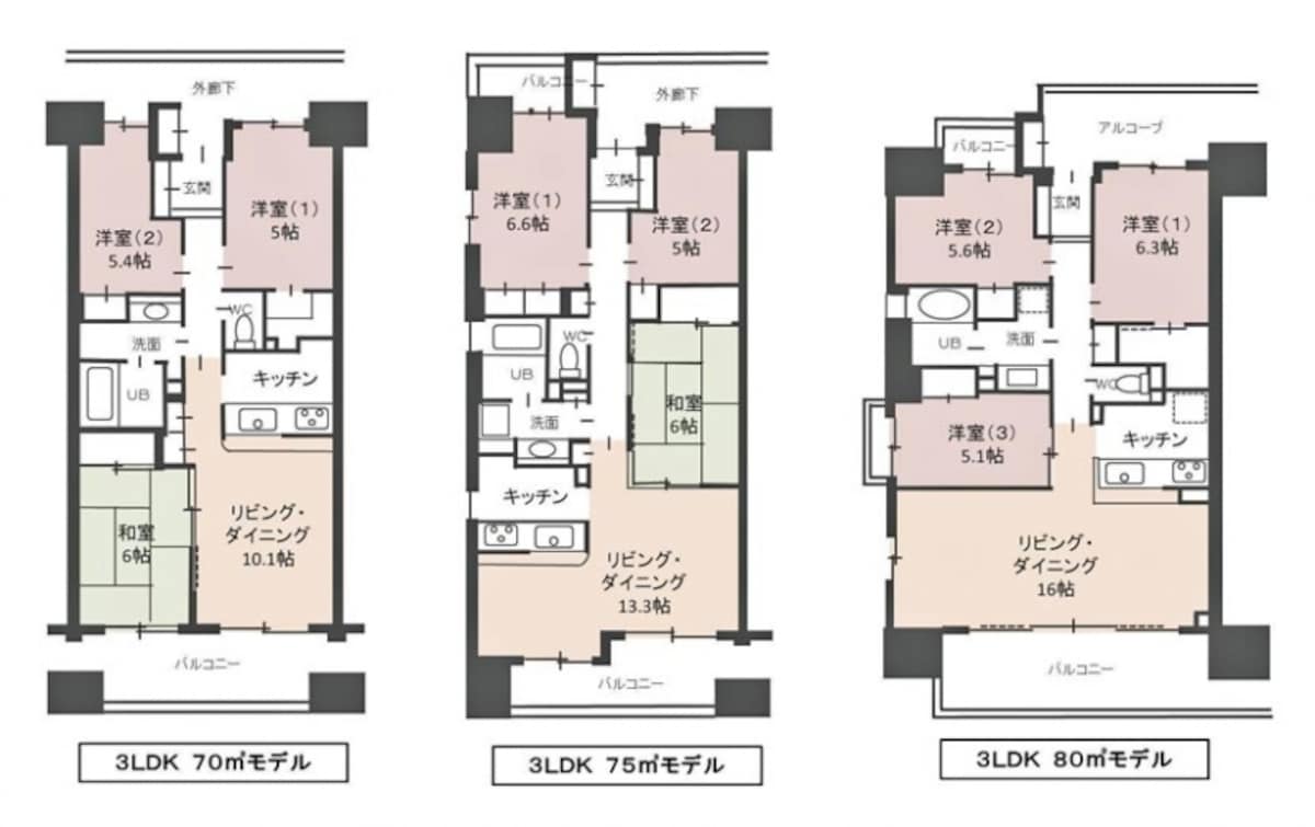 【図1】70m2、75m2、80m2のマンションの間取り例（クリックで拡大）。