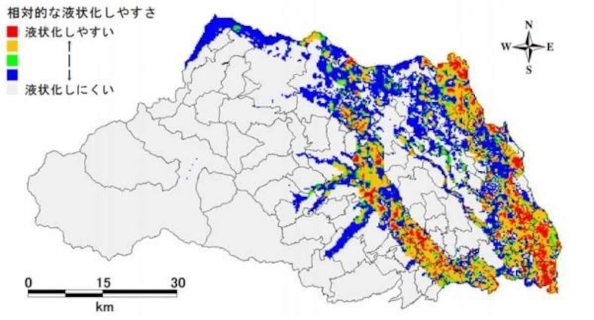 埼玉県　相対的な液状化のしやすさ（出典：埼玉県「液状化の被害予測」）