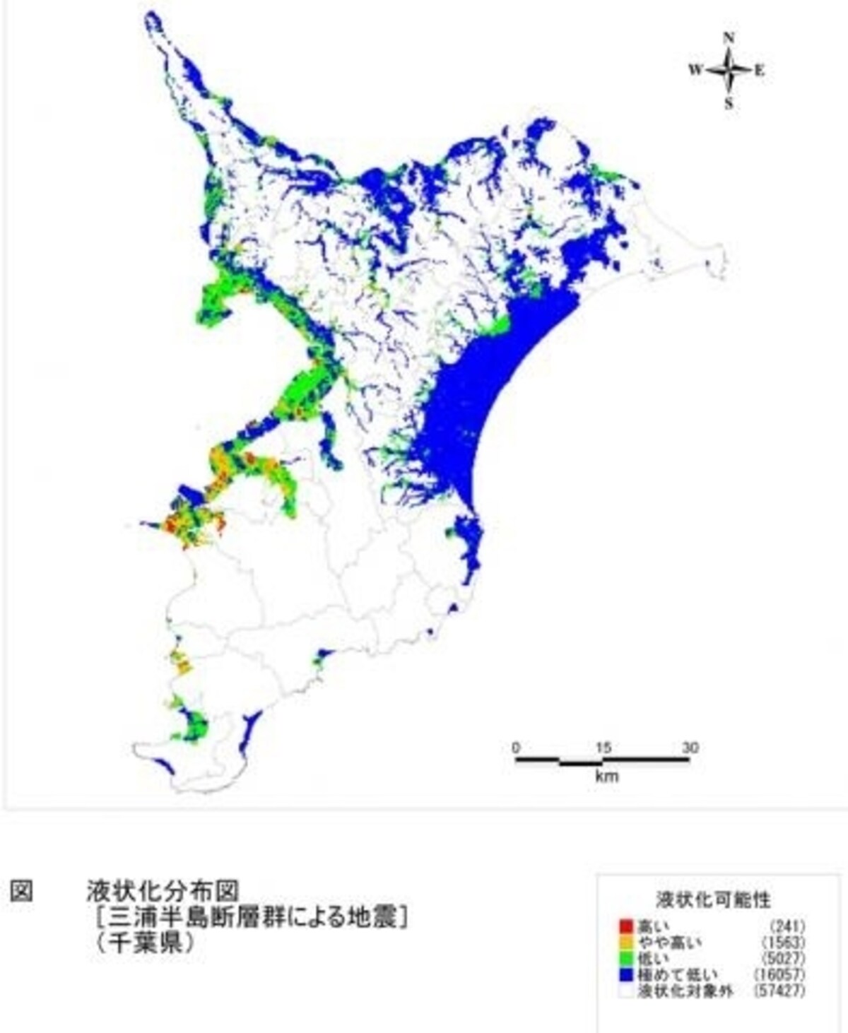 三浦半島断層群による地震の液状化危険度予測図（出典：平成19年度千葉県地震被害想定調査）