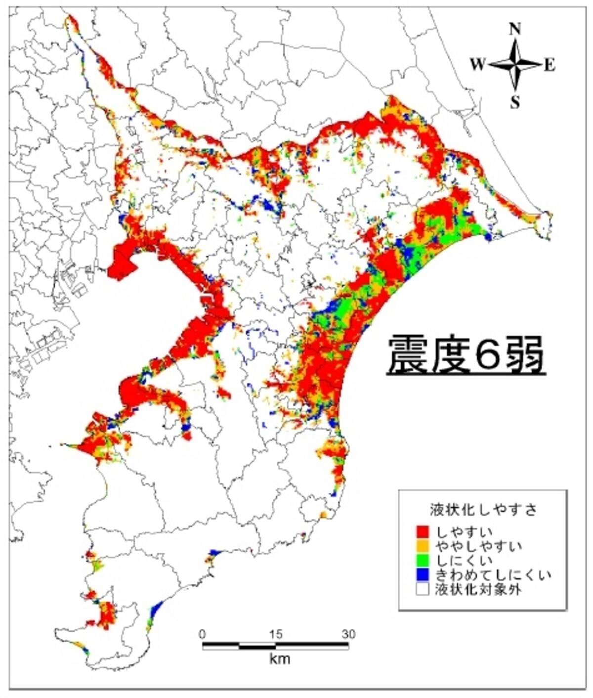 震度6弱の巨大地震が発生した時の液状化マップ（出典：千葉県防災ポータルサイト