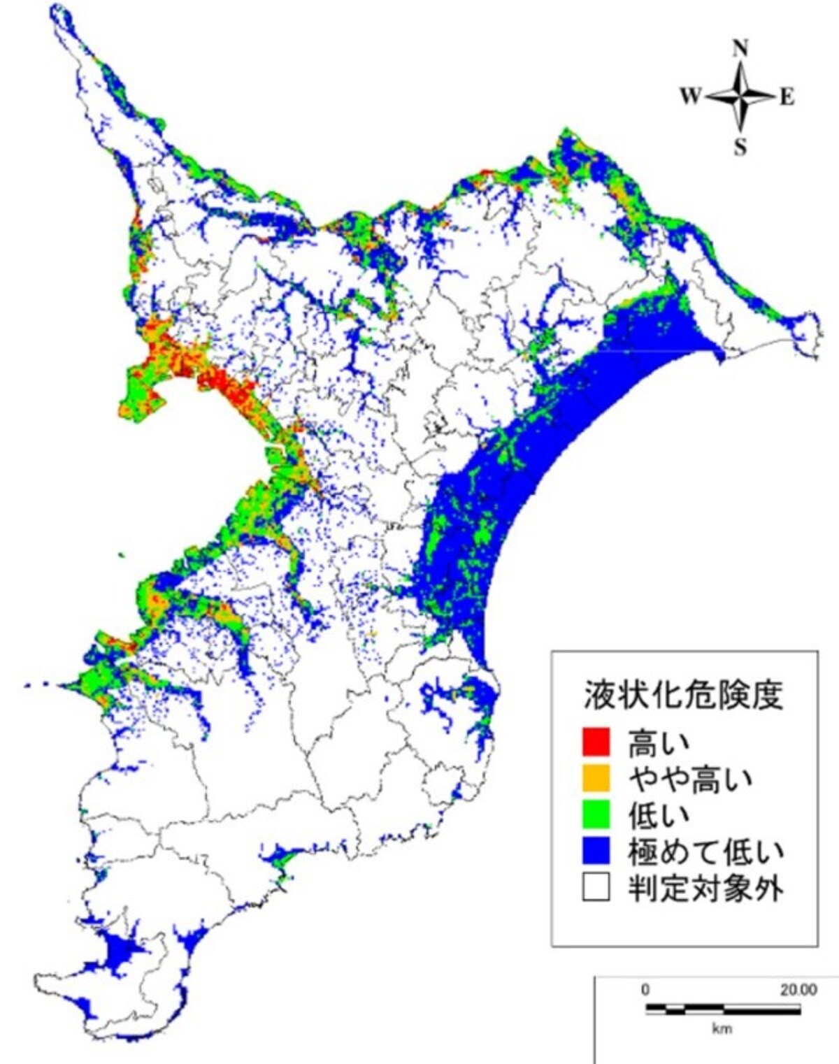 千葉県北西部直下地震が起きた際の液状化の危険度（出典：平成26・27年度千葉県地震被害想定調査報告書）