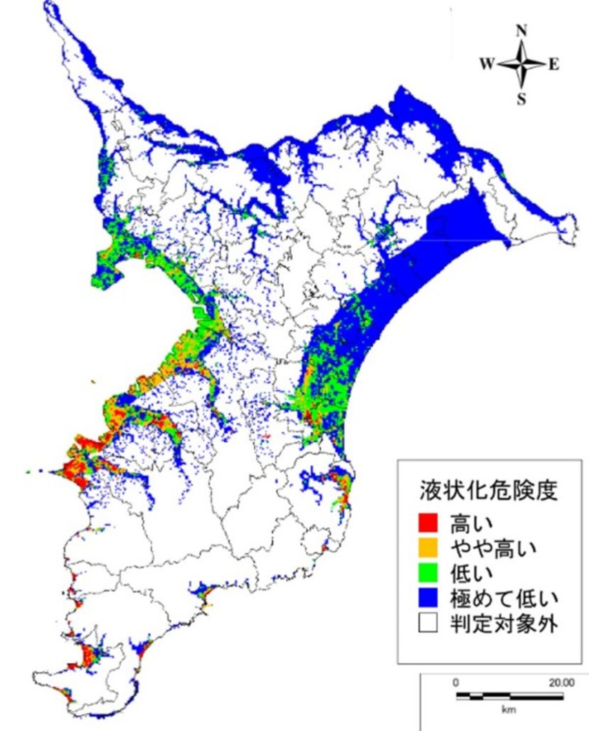 大正型関東地震の際の液状化予測図（出典：平成26・27年度千葉県地震被害想定調査報告書）