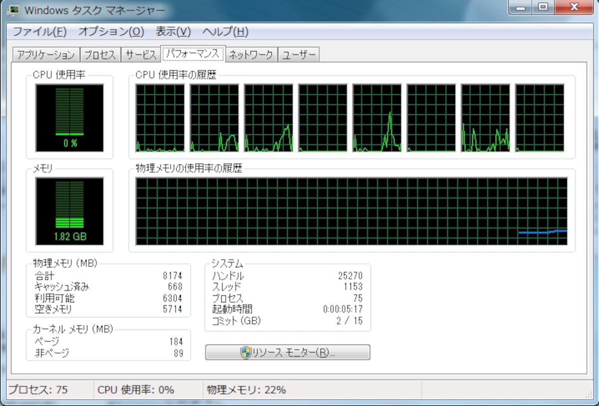 タスクマネージャで8スレッド実行可能なことが確認できる（画像クリックで拡大）