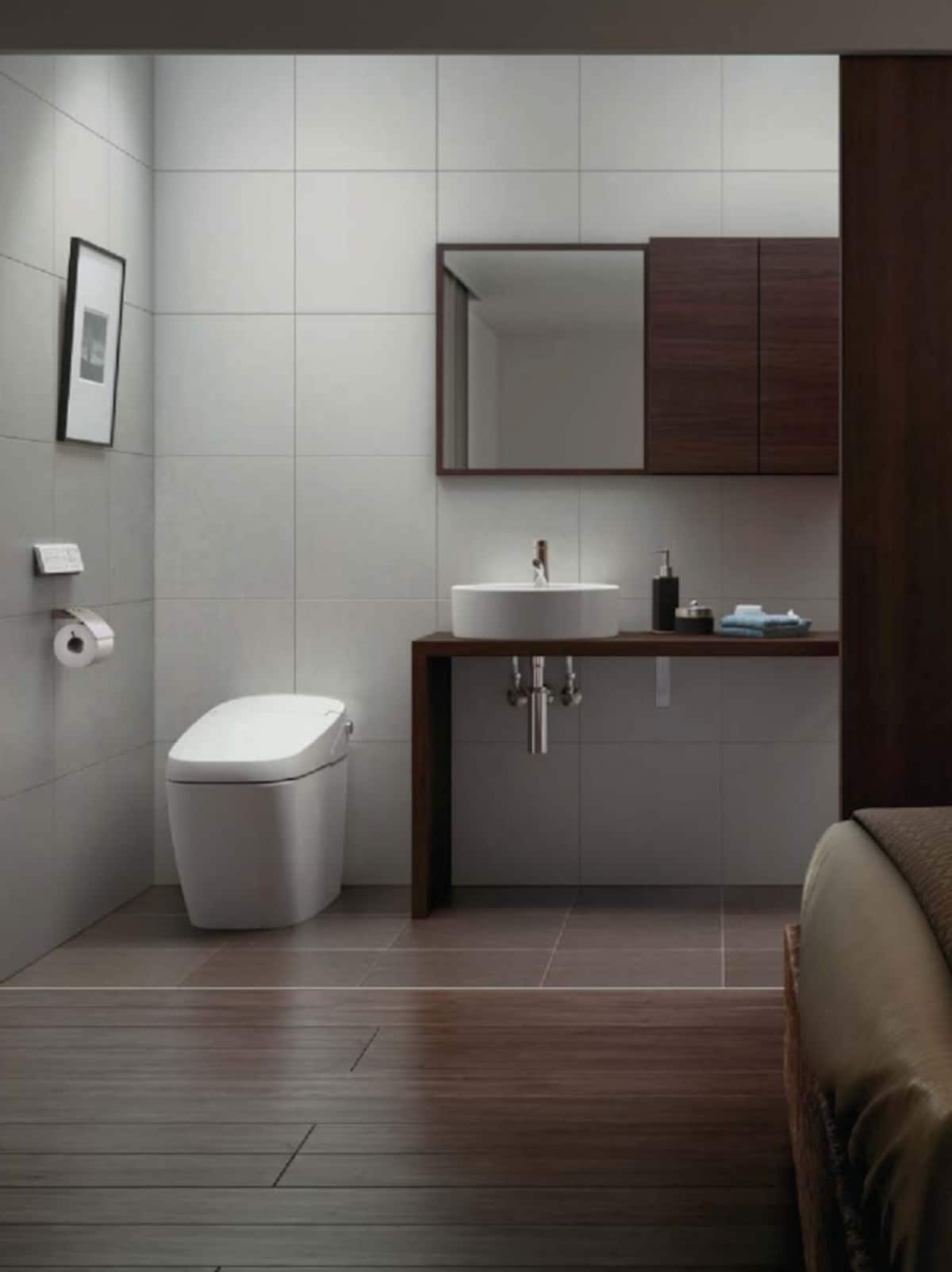 トイレと洗面室を一体化したスタイリッシュなデザインの空間。[サティス]　LIXIL 　http://www.lixil.co.jp/