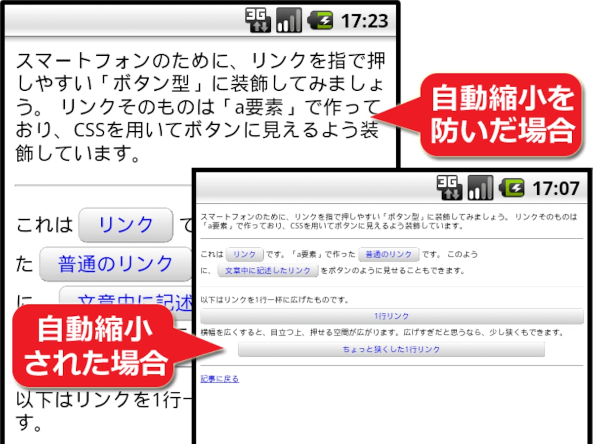 自動縮小を防いだ例（左側）と、何も指定しなかった例（右側）