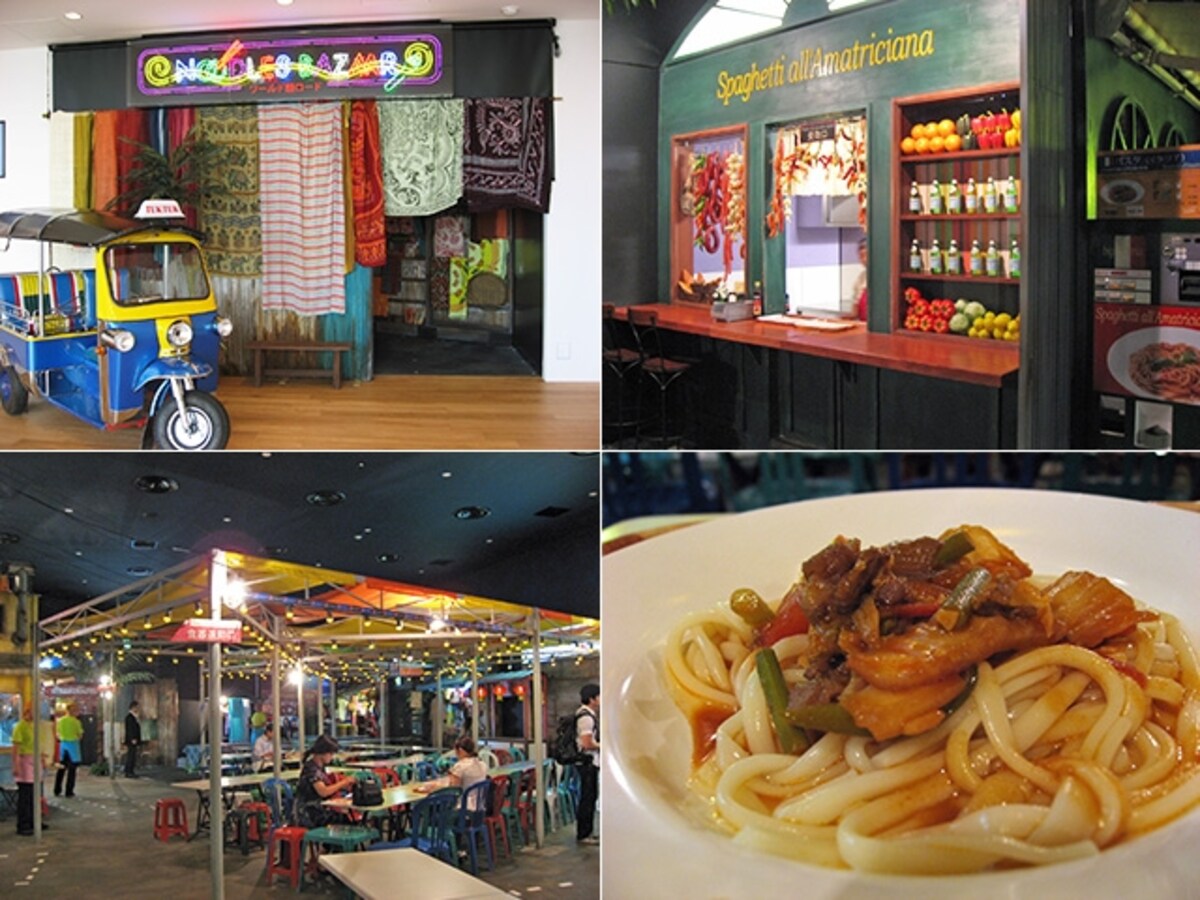 左上：NOODLE BAZAARのエントランス　右上：8カ国8種類の麺料理が食べられます　左下：アジアのナイトマーケットをイメージした空間　右下：カザフスタンのラグマン（300円）