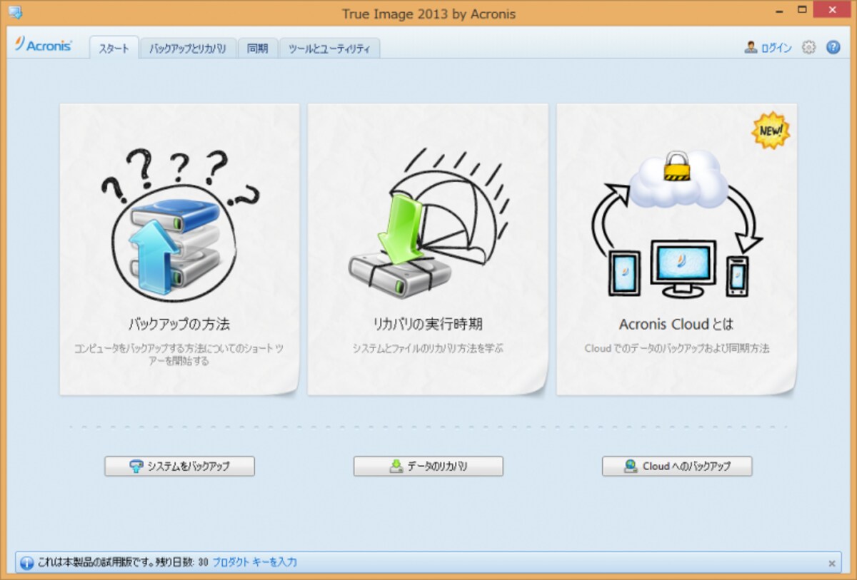 True Image 2013 Plus by Acronis(アクロニス・ジャパン)。初心者向けに起動画面には「バックアップの方法」などのスライドが用意されています