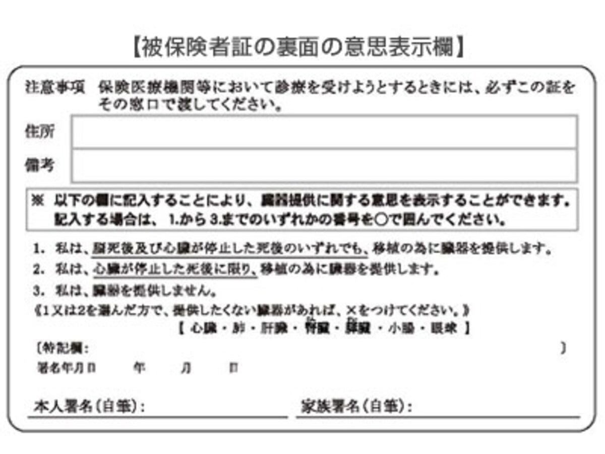 被保険者証の裏面に臓器提供に関する意思表示欄が設けられています。