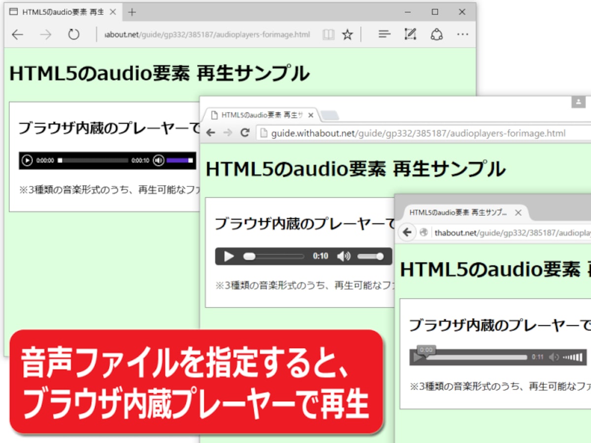 音楽(音声)ファイルを指定するだけで、ブラウザ内蔵のプレーヤーで再生できる
