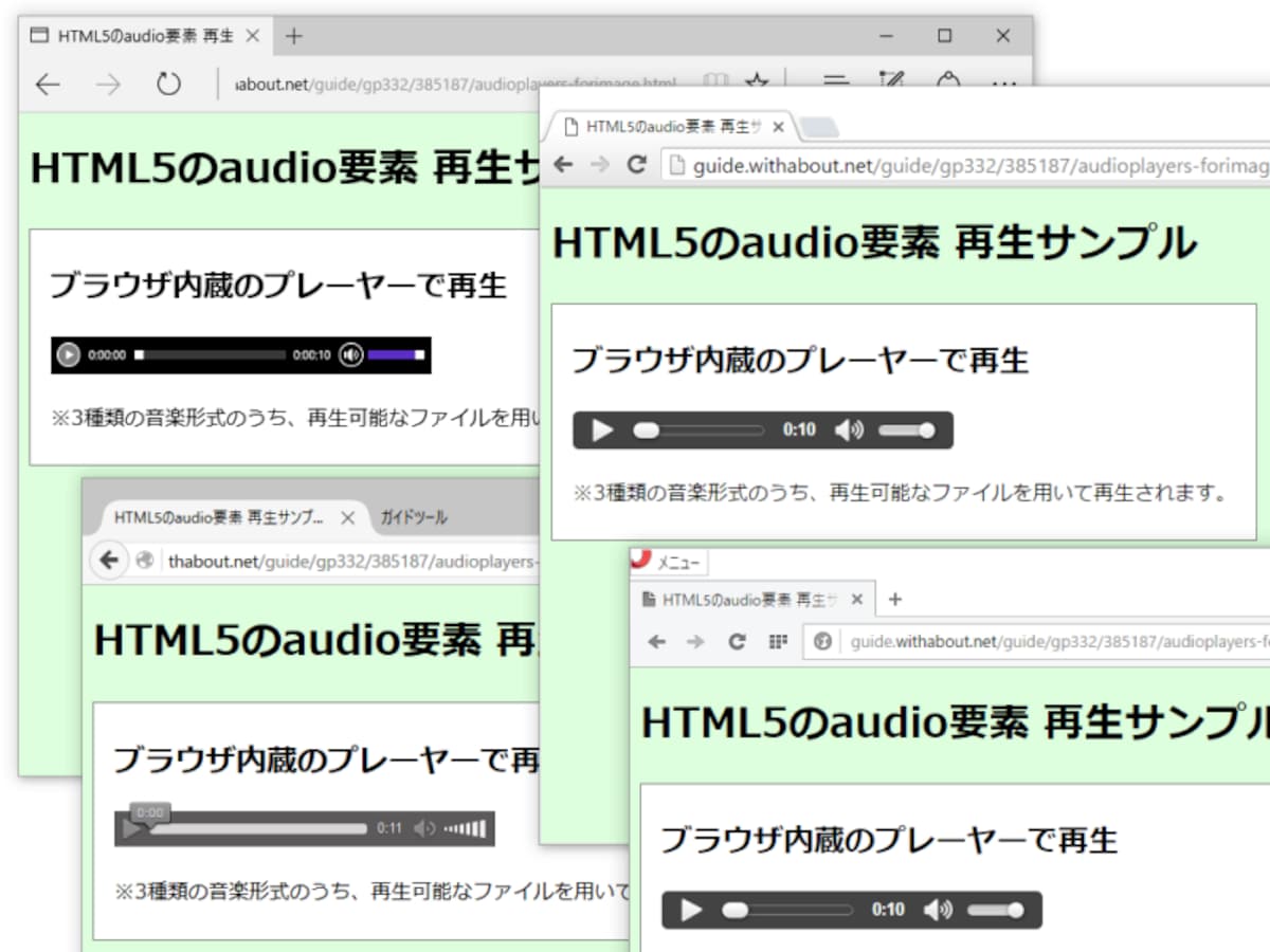 audio要素で表示できる再生用プレーヤーは、ブラウザによって表示が異なる