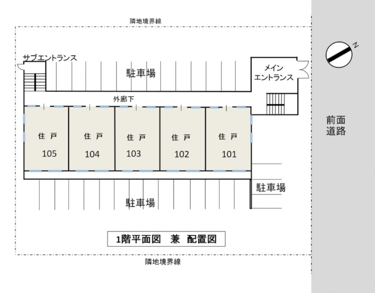 【図1】今回モデルとして使用するファミリータイプマンションの「1階平面図 兼 配置図」（クリックして拡大）。