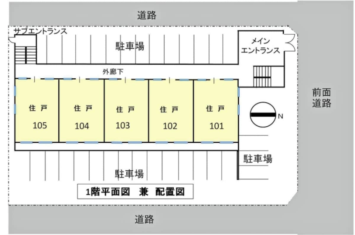 【図1】今回モデルとして見るあるファミリータイプマンションの1階平面図兼配置図（クリックして拡大）。