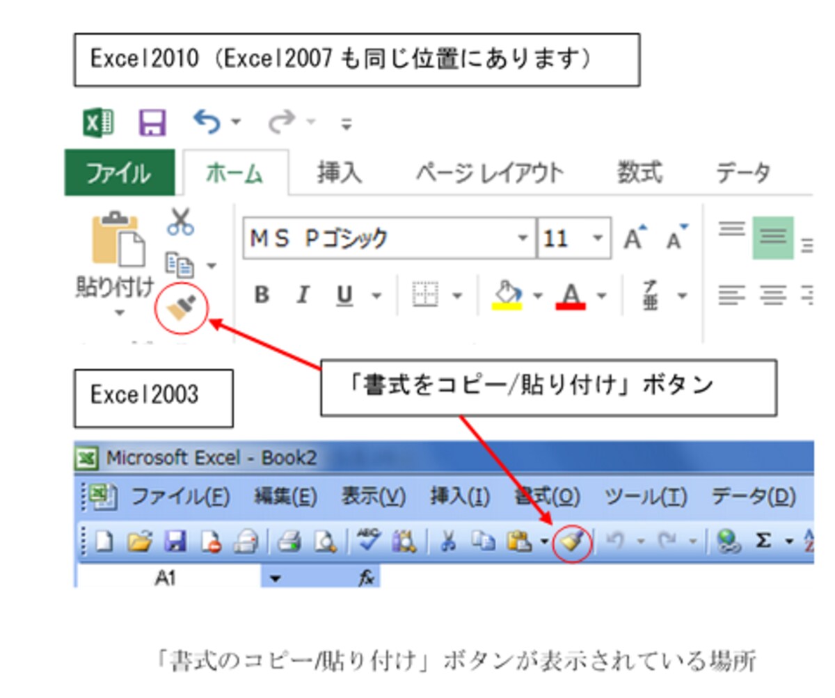 「書式のコピー/貼り付け」ボタンが表示されている場所