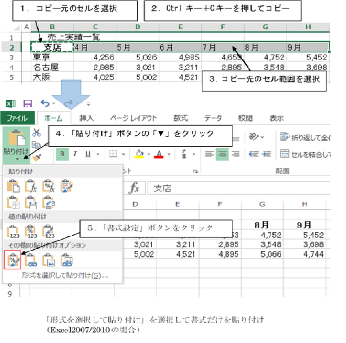 「形式を選択して貼り付け」を使用して書式だけを貼り付け（Excel2007以降の場合）