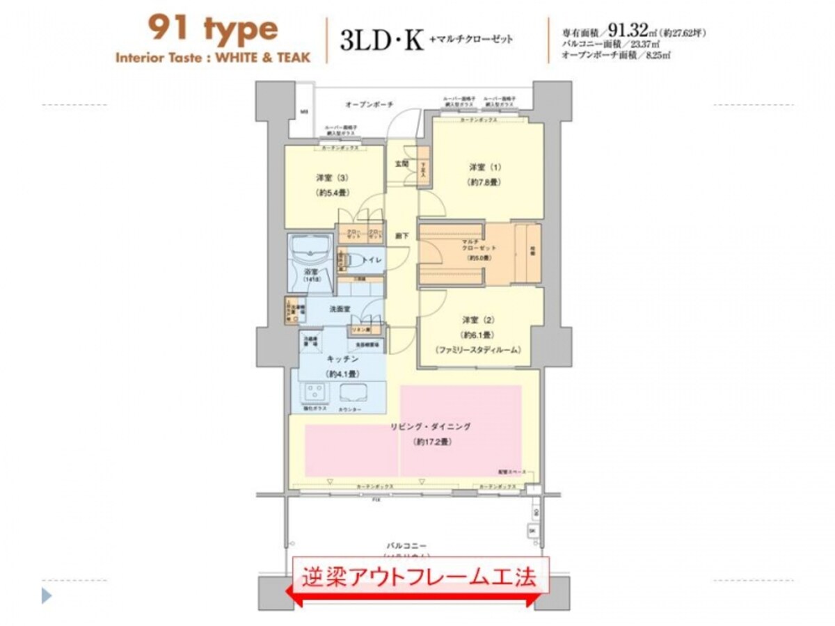 91.32平米の3LDK、南向きの間取り