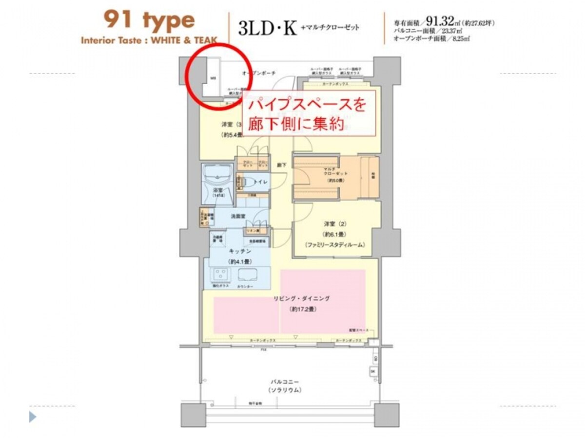 91.32平米の3LDK、南向きの間取り