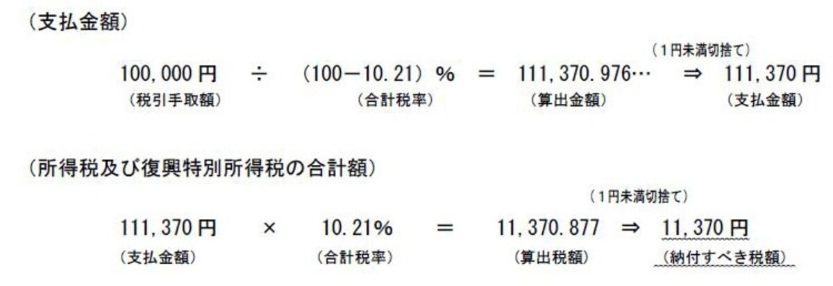 復興特別税の計算　手取りを10万円としたい場合の源泉徴収の方法（国税庁サイトより抜粋）